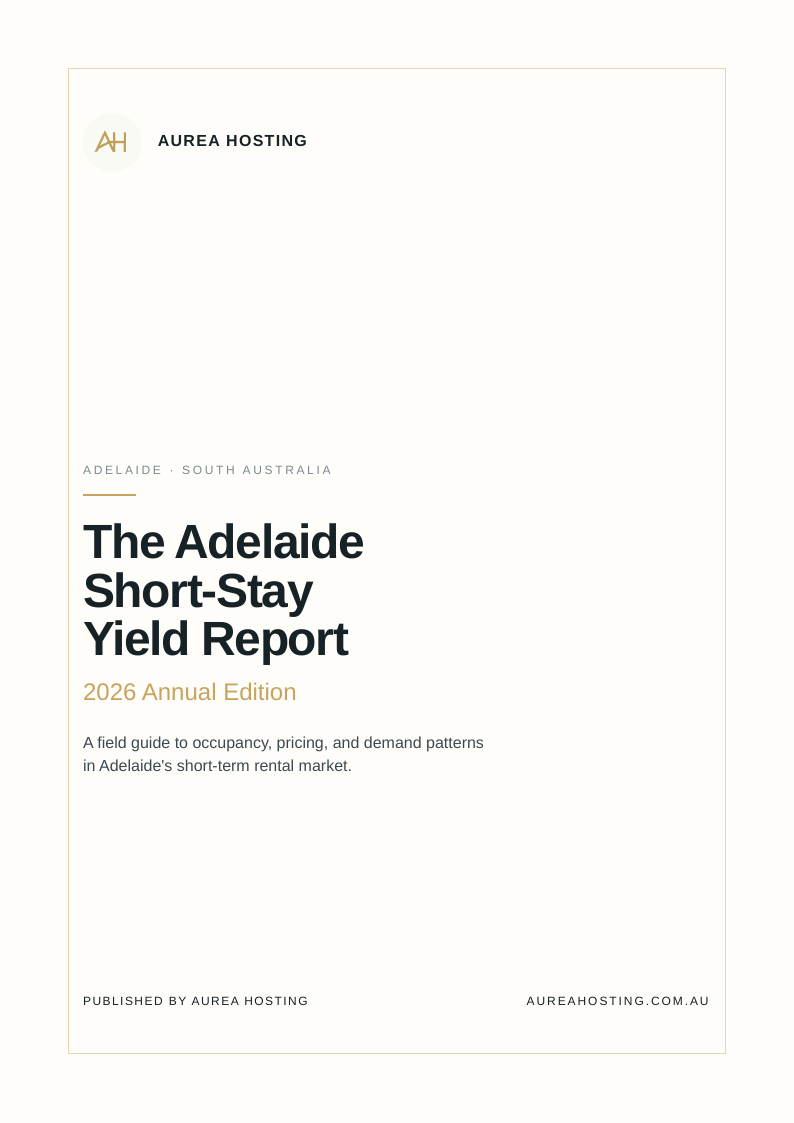 Cover of the 2026 Adelaide Short-Stay Yield Report by Aurea Hosting